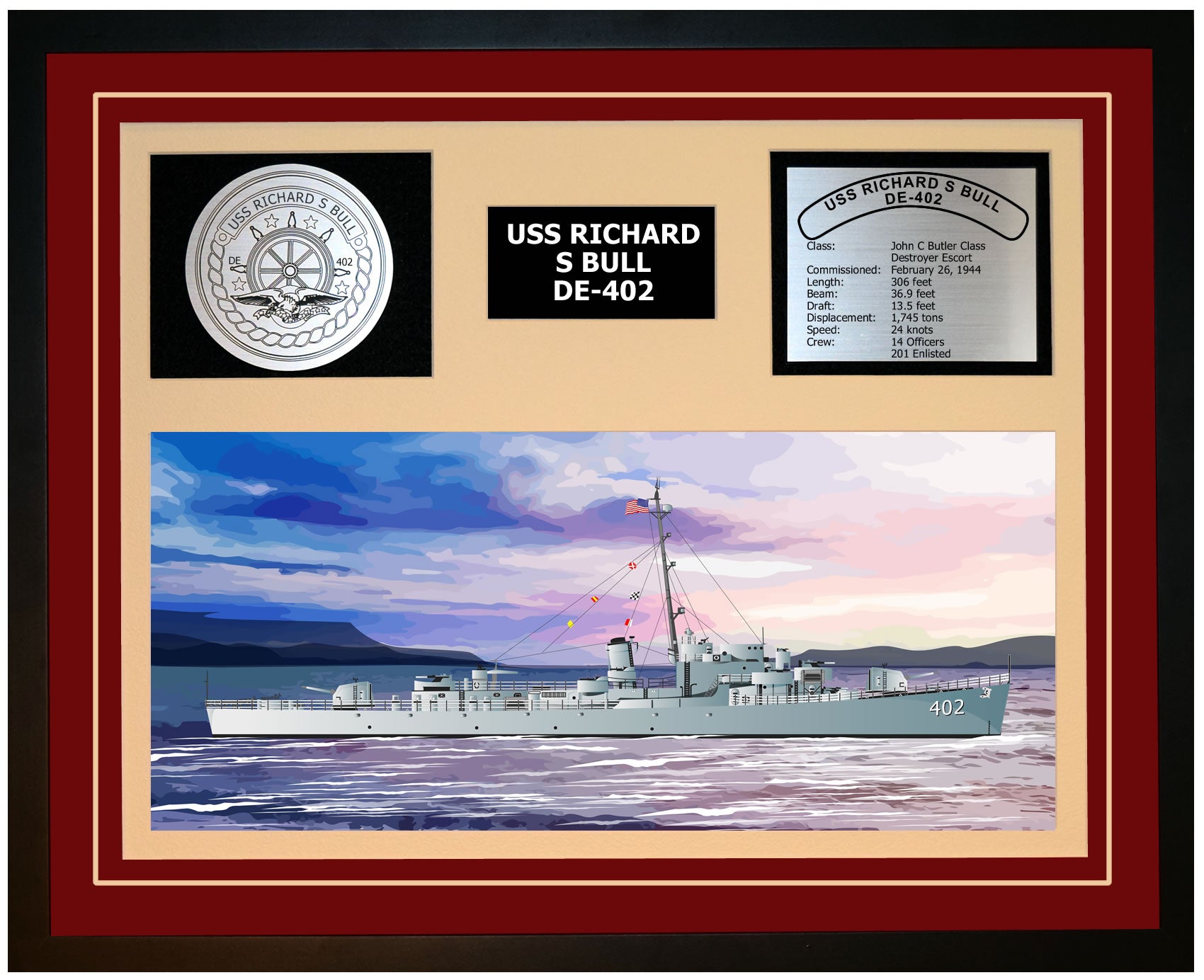 USS RICHARD S BULL DE-402 Framed Navy Ship Display Burgundy