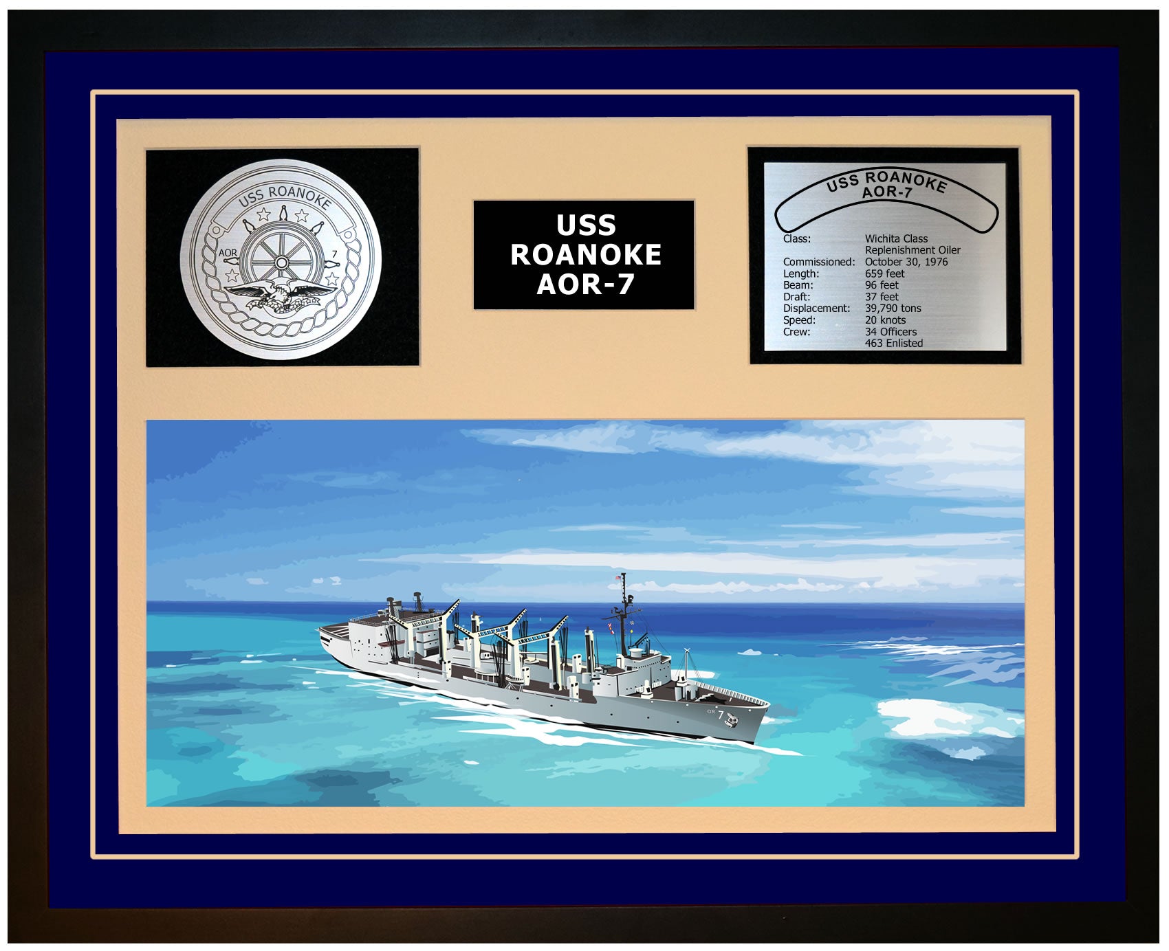 USS ROANOKE AOR-7 Framed Navy Ship Display Blue