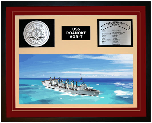 USS ROANOKE AOR-7 Framed Navy Ship Display Burgundy