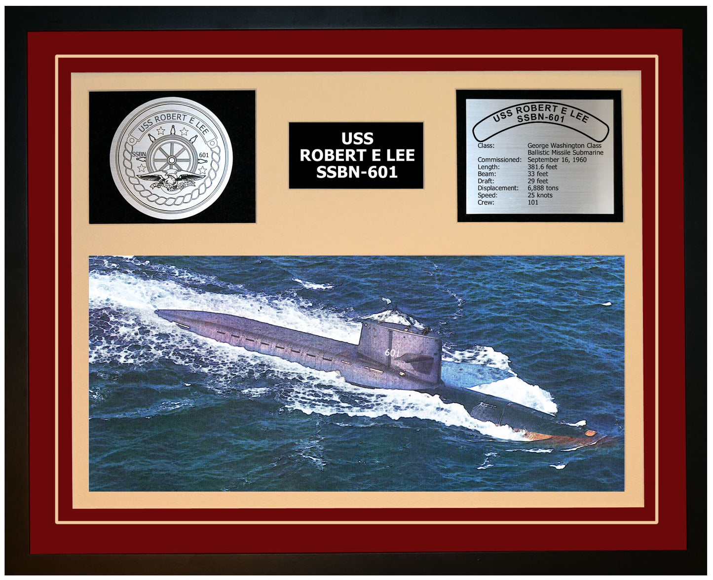 USS ROBERT E LEE SSBN-601 Framed Navy Ship Display Burgundy