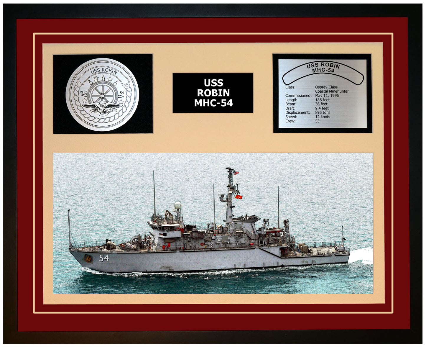 USS ROBIN MHC-54 Framed Navy Ship Display Burgundy