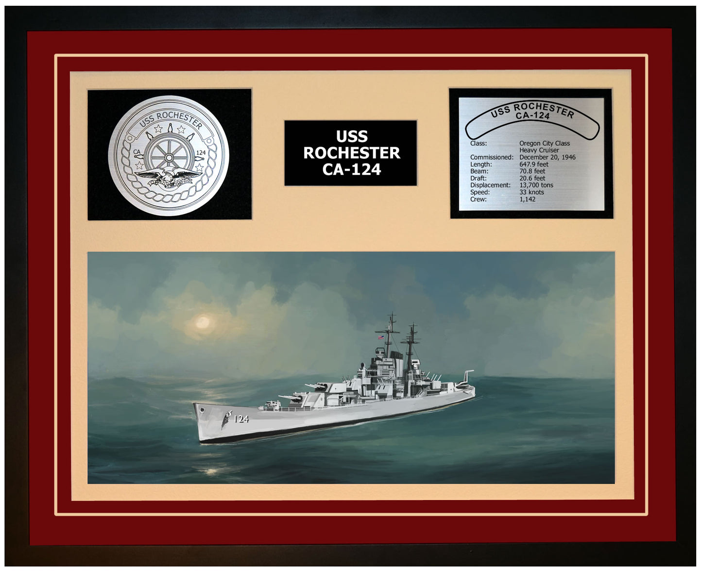 USS ROCHESTER CA-124 Framed Navy Ship Display Burgundy