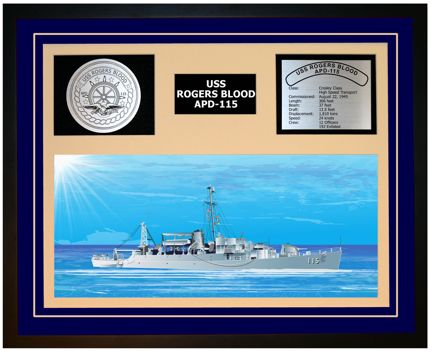 USS ROGERS BLOOD APD-115 Framed Navy Ship Display Blue