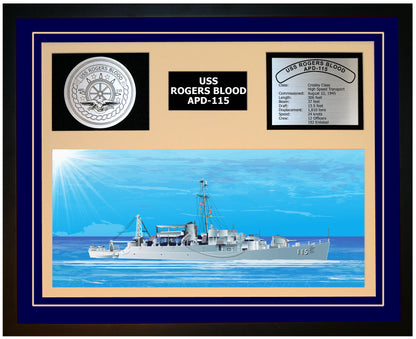 USS ROGERS BLOOD APD-115 Framed Navy Ship Display Blue