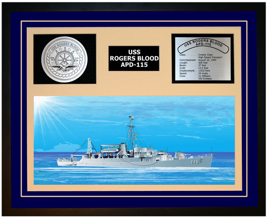 USS ROGERS BLOOD APD-115 Framed Navy Ship Display Blue