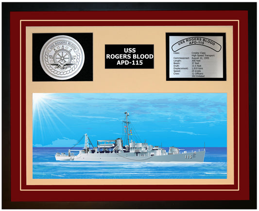 USS ROGERS BLOOD APD-115 Framed Navy Ship Display Burgundy