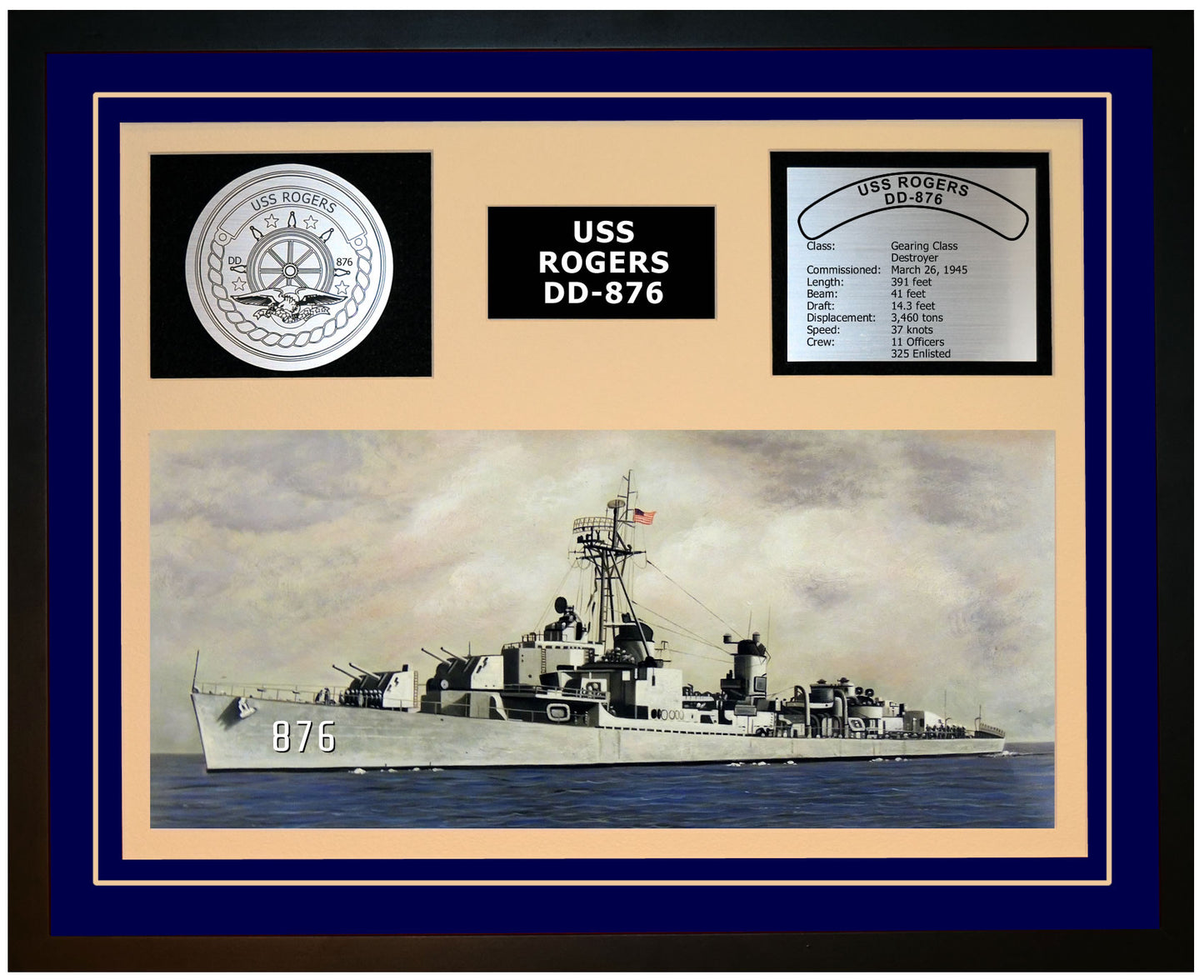 USS ROGERS DD-876 Framed Navy Ship Display Blue