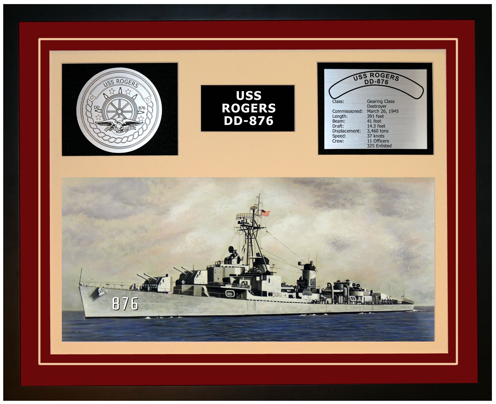 USS ROGERS DD-876 Framed Navy Ship Display Burgundy