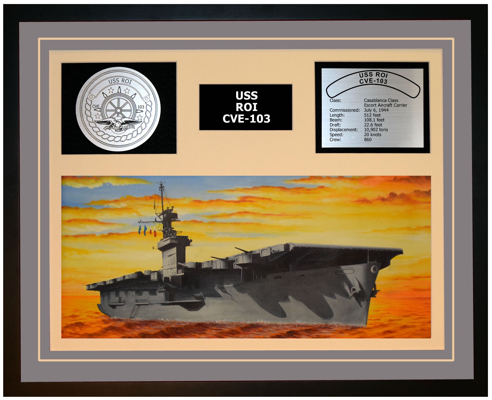 USS ROI CVE-103 Framed Navy Ship Display Grey