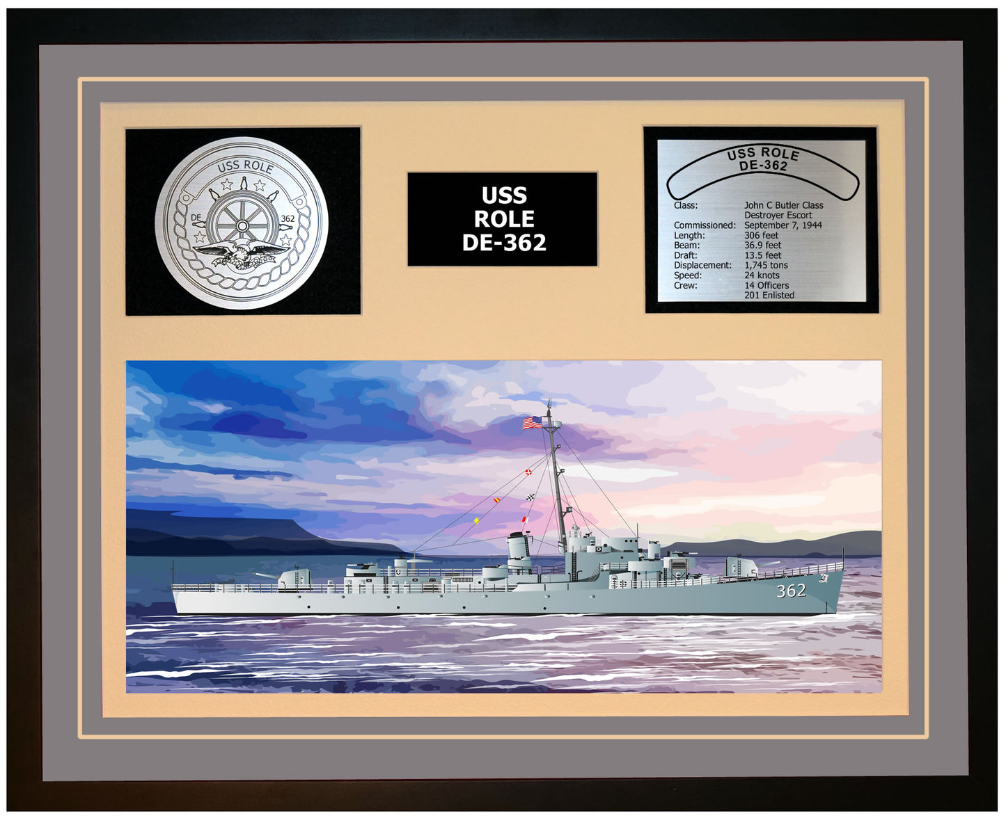 USS ROLE DE-362 Framed Navy Ship Display Grey