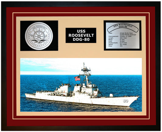 USS ROOSEVELT DDG-80 Framed Navy Ship Display Burgundy