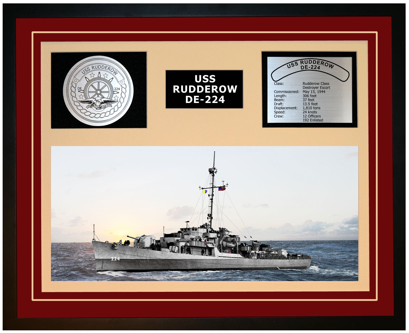 USS RUDDEROW DE-224 Framed Navy Ship Display Burgundy