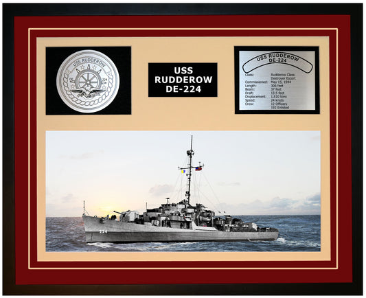 USS RUDDEROW DE-224 Framed Navy Ship Display Burgundy