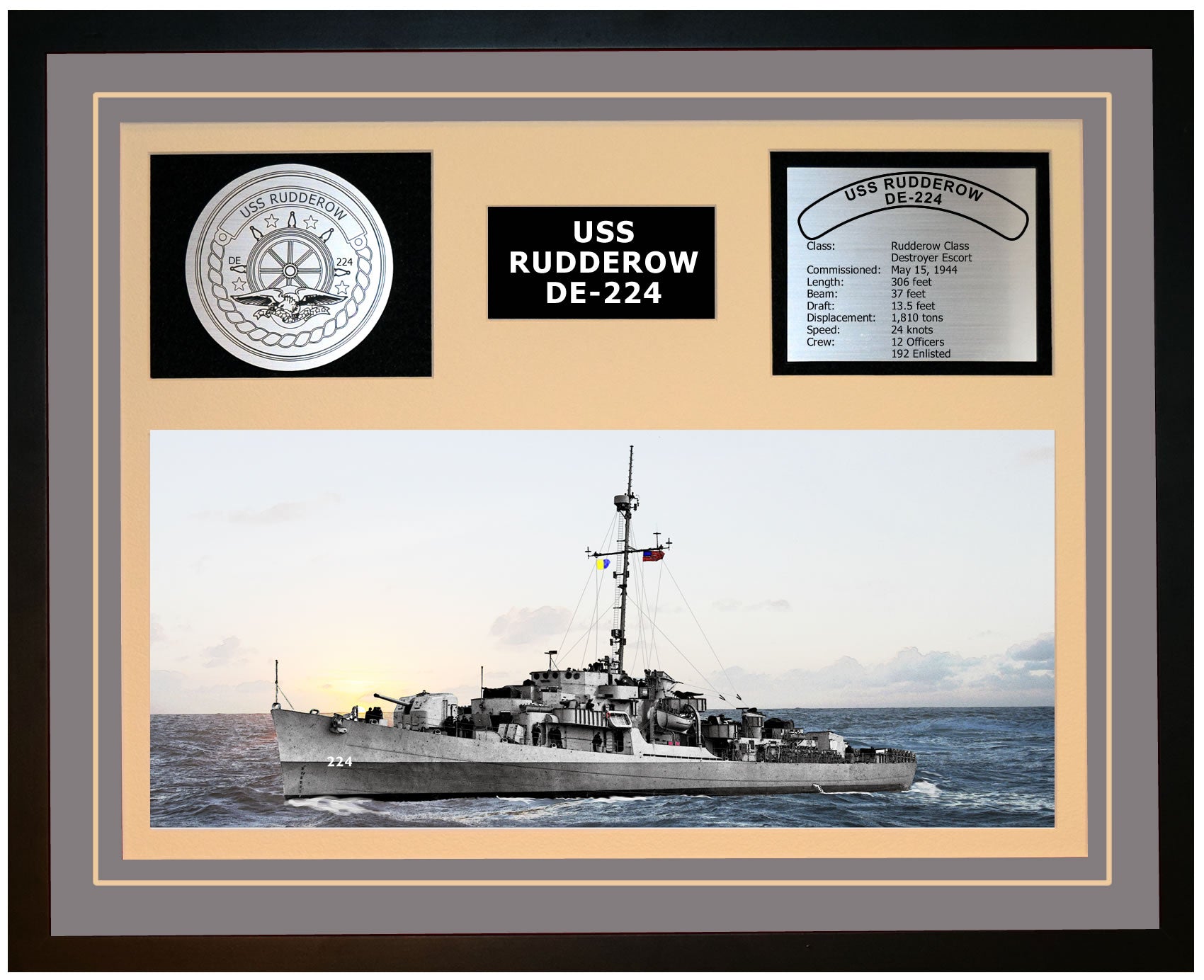 USS RUDDEROW DE-224 Framed Navy Ship Display Grey