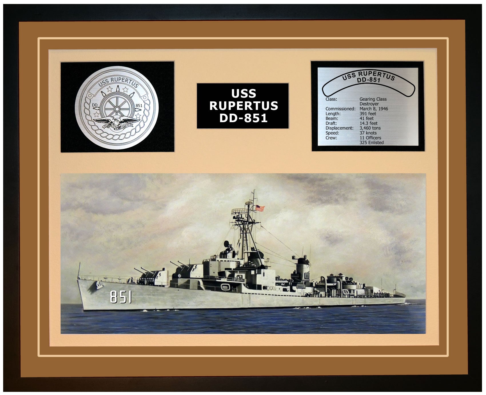 USS RUPERTUS DD-851 Framed Navy Ship Display Brown