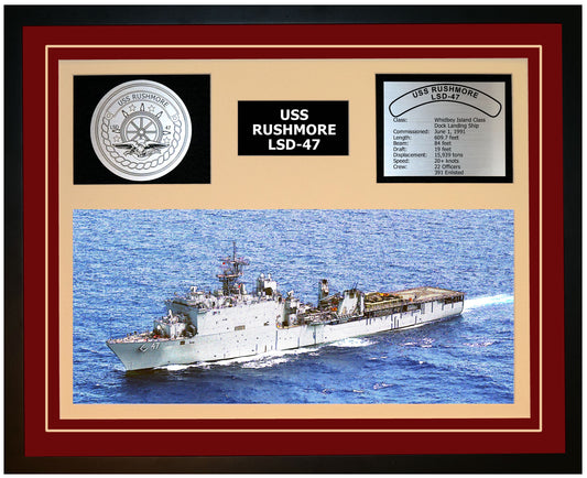 USS RUSHMORE LSD-47 Framed Navy Ship Display Burgundy
