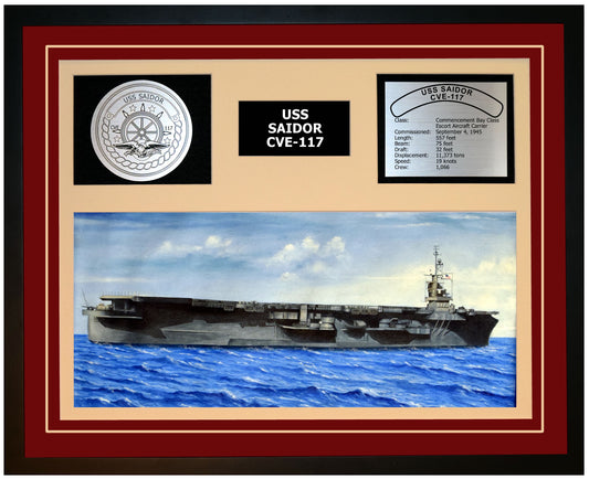 USS SAIDOR CVE-117 Framed Navy Ship Display Burgundy