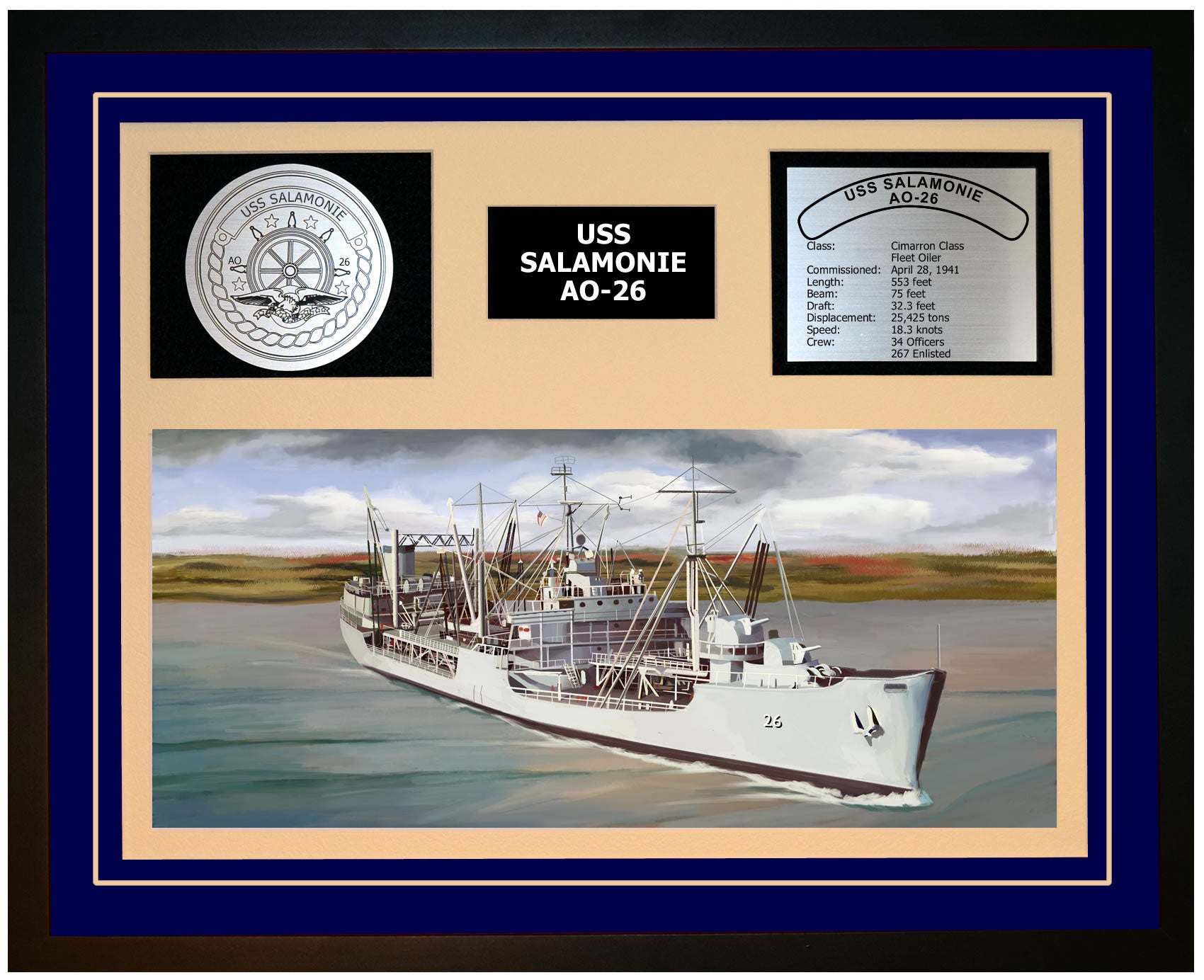 USS SALAMONIE AO-26 Framed Navy Ship Display Blue