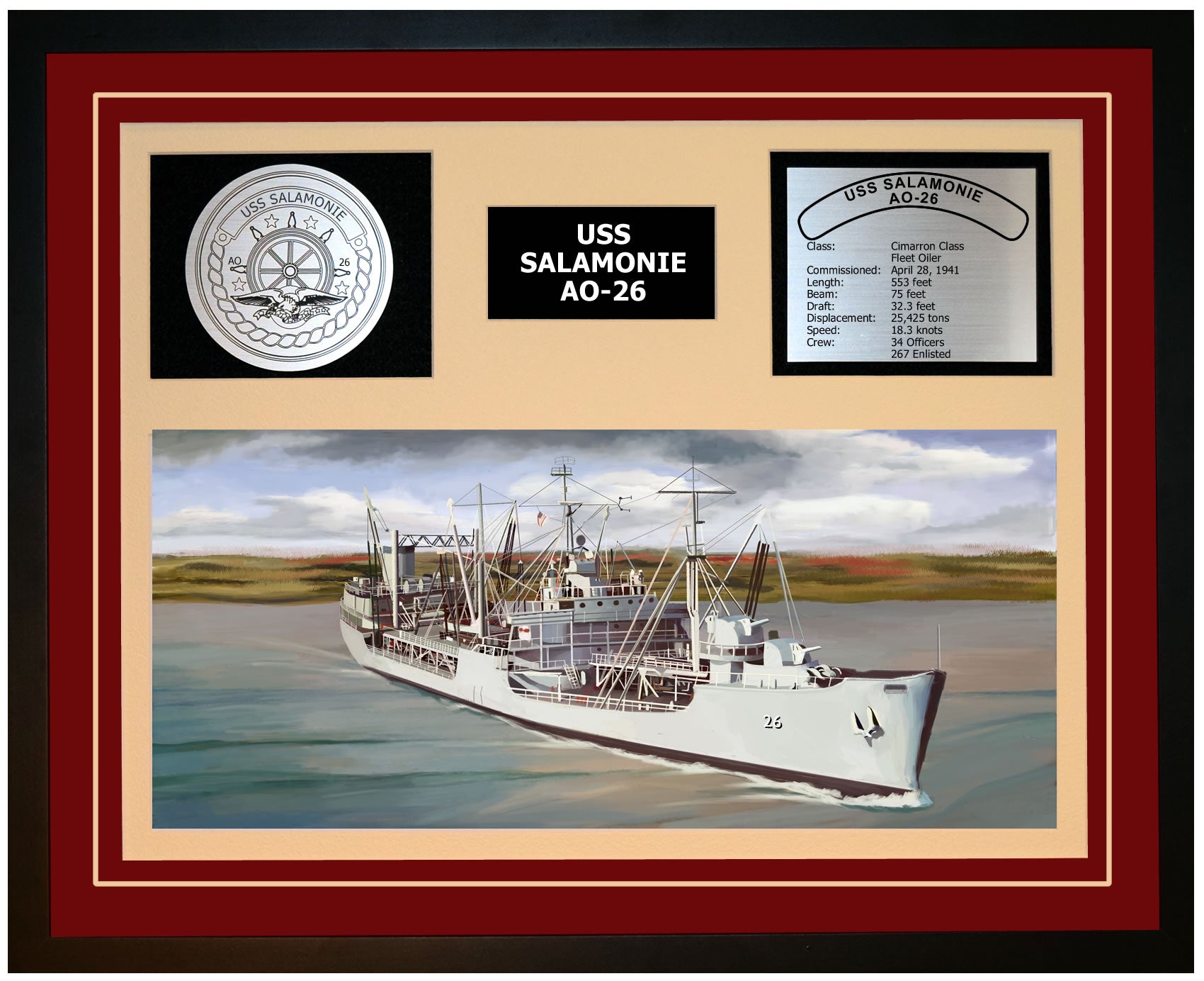 USS SALAMONIE AO-26 Framed Navy Ship Display Burgundy