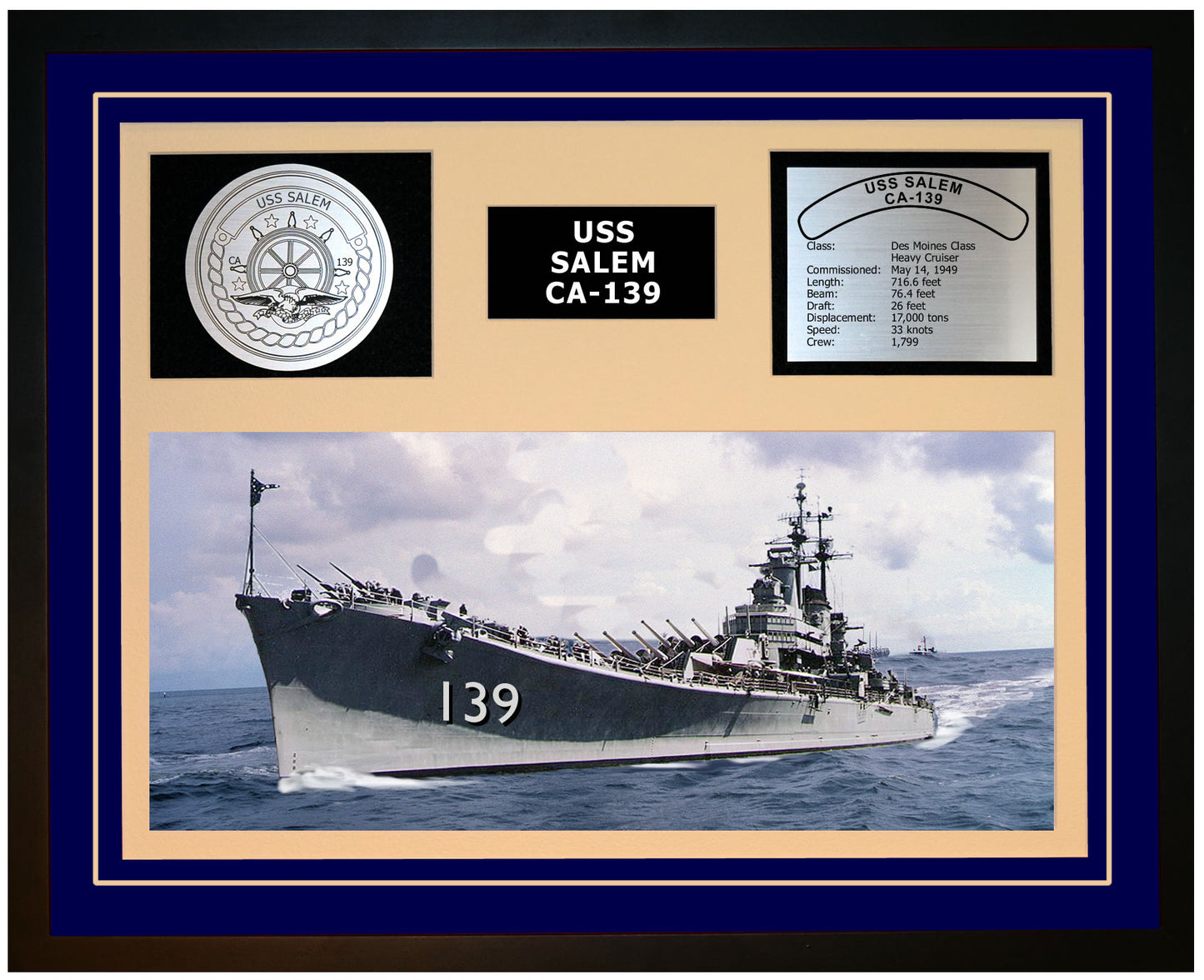 USS SALEM CA-139 Framed Navy Ship Display Blue