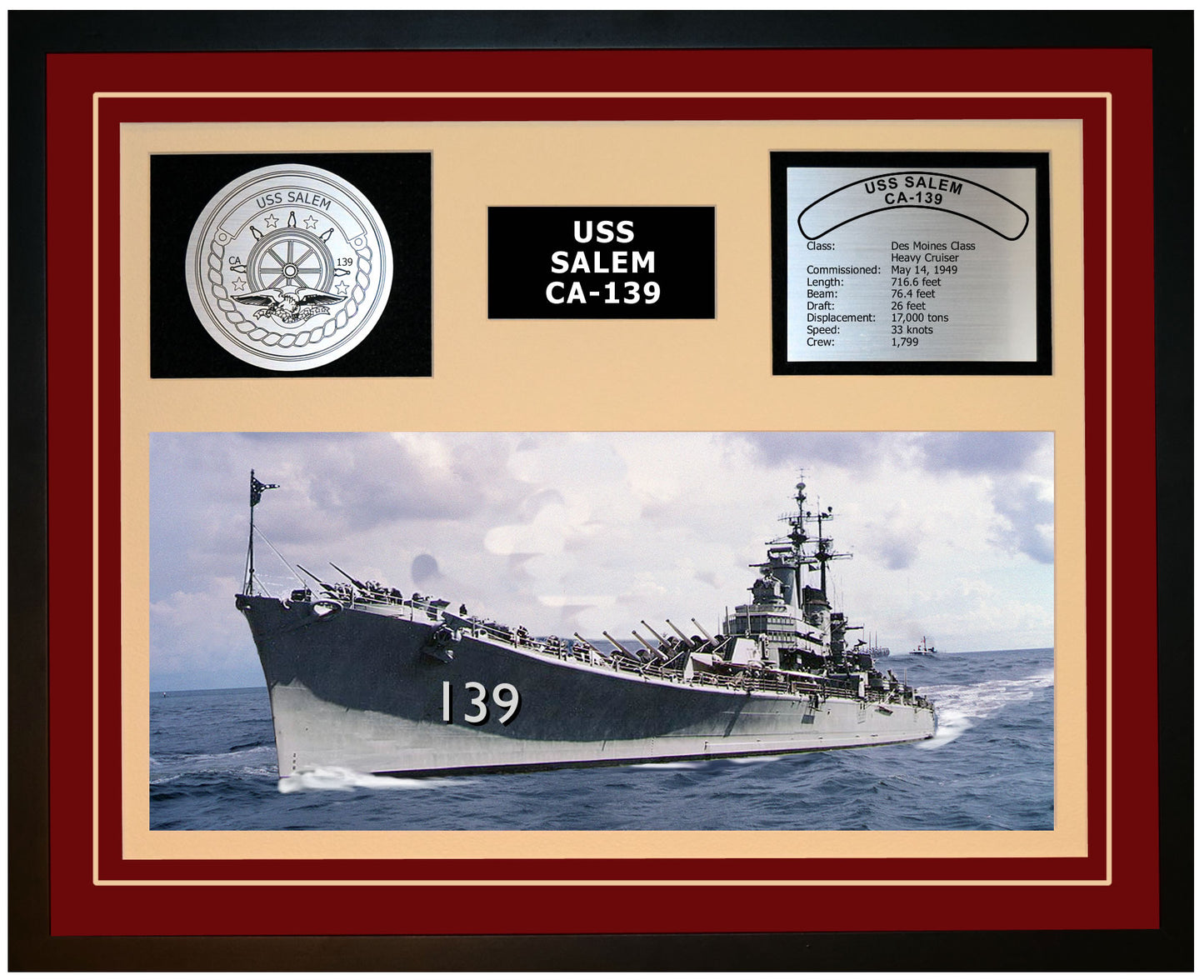 USS SALEM CA-139 Framed Navy Ship Display Burgundy