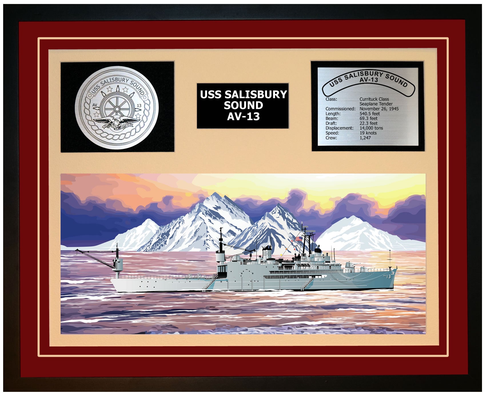 USS SALISBURY SOUND AV-13 Framed Navy Ship Display Burgundy