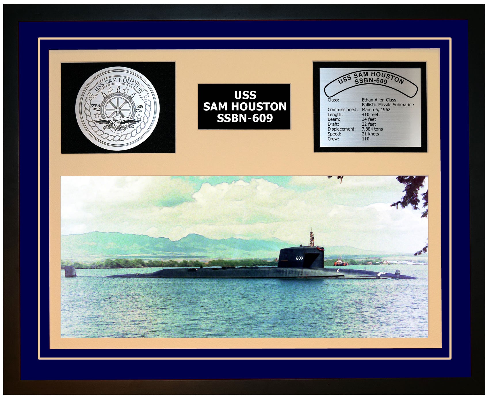 USS SAM HOUSTON SSBN-609 Framed Navy Ship Display Blue