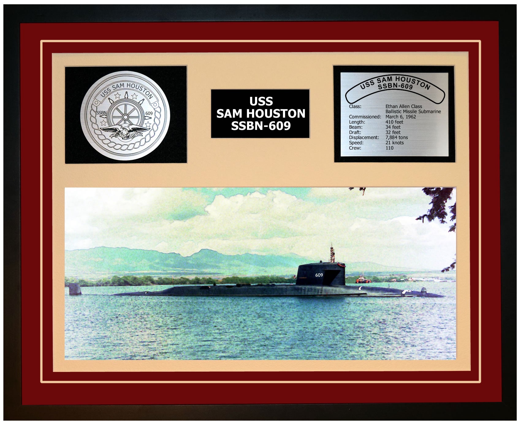 USS SAM HOUSTON SSBN-609 Framed Navy Ship Display Burgundy