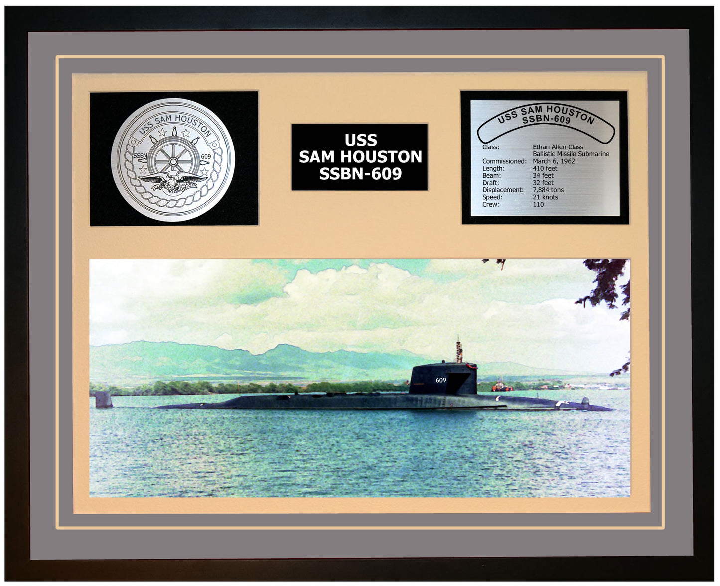 USS SAM HOUSTON SSBN-609 Framed Navy Ship Display Grey
