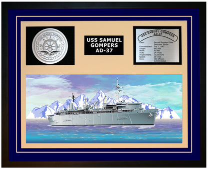 USS SAMUEL GOMPERS AD-37 Framed Navy Ship Display Blue