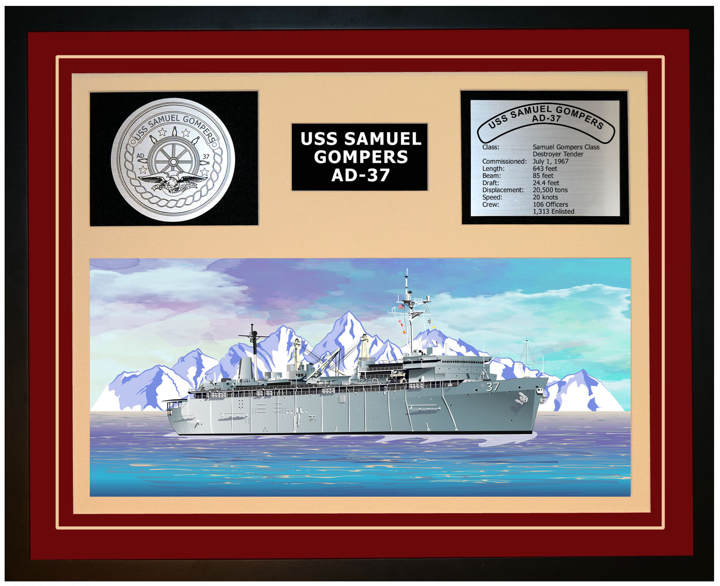USS SAMUEL GOMPERS AD-37 Framed Navy Ship Display Burgundy