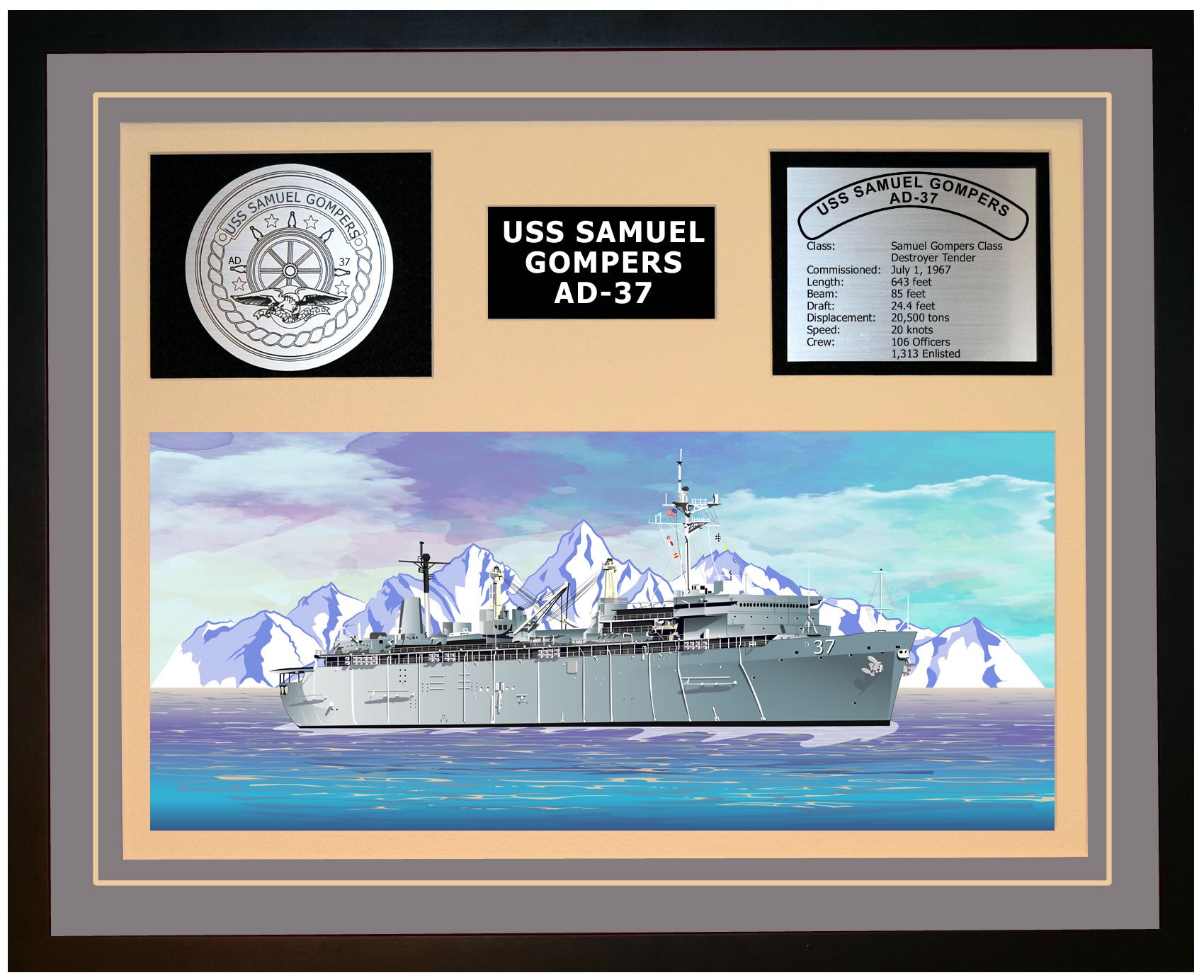 USS SAMUEL GOMPERS AD-37 Framed Navy Ship Display Grey