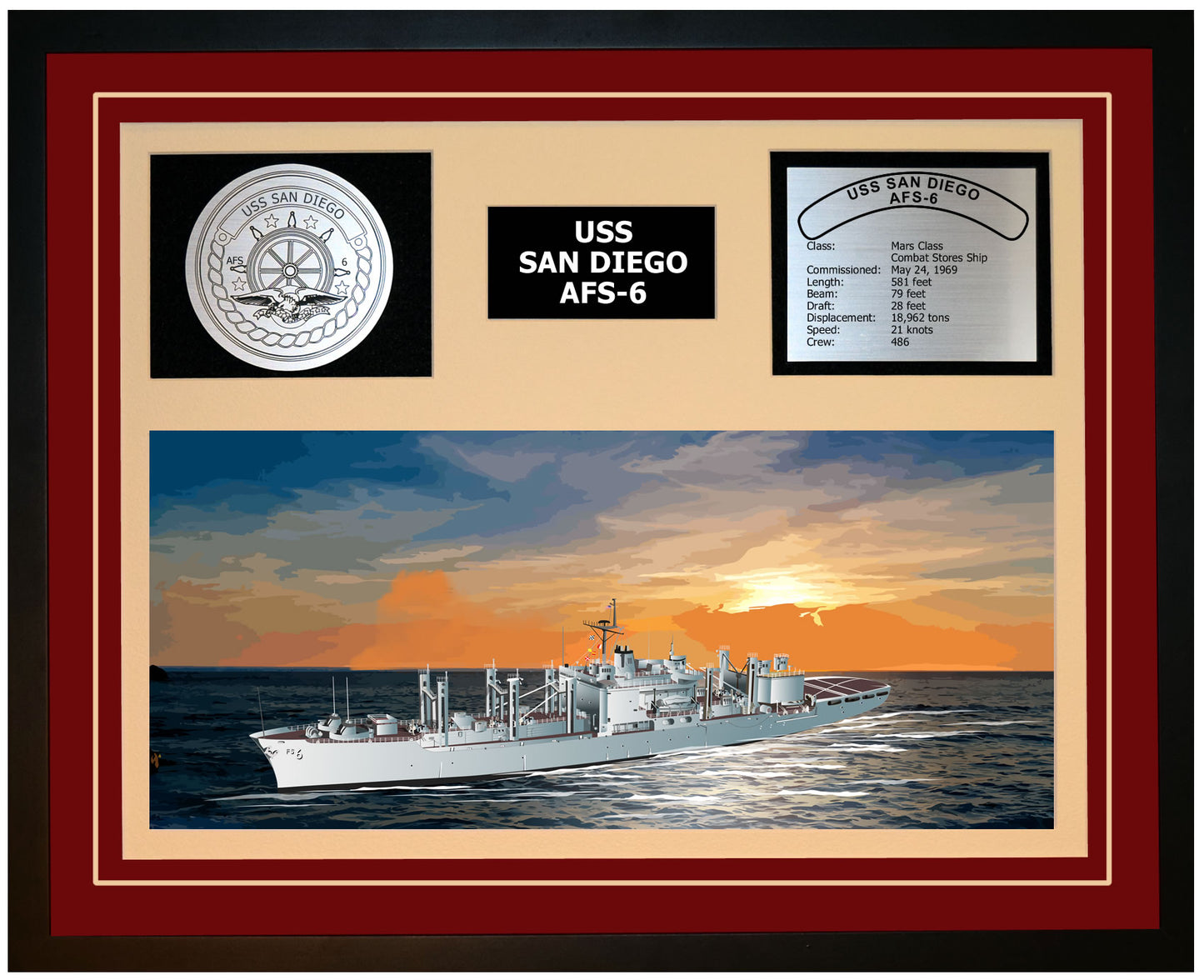 USS SAN DIEGO AFS-6 Framed Navy Ship Display Burgundy