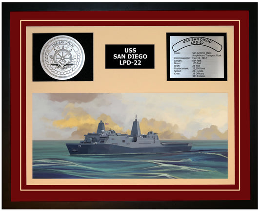 USS SAN DIEGO LPD-22 Framed Navy Ship Display Burgundy