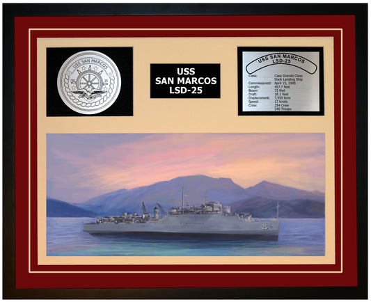 USS SAN MARCOS LSD-25 Framed Navy Ship Display Burgundy