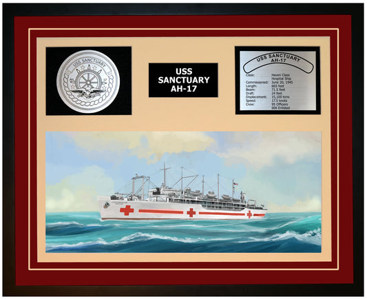 USS SANCTUARY AH-17 Framed Navy Ship Display Burgundy