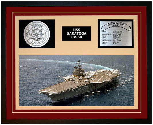 USS SARATOGA CV-60 Framed Navy Ship Display Burgundy
