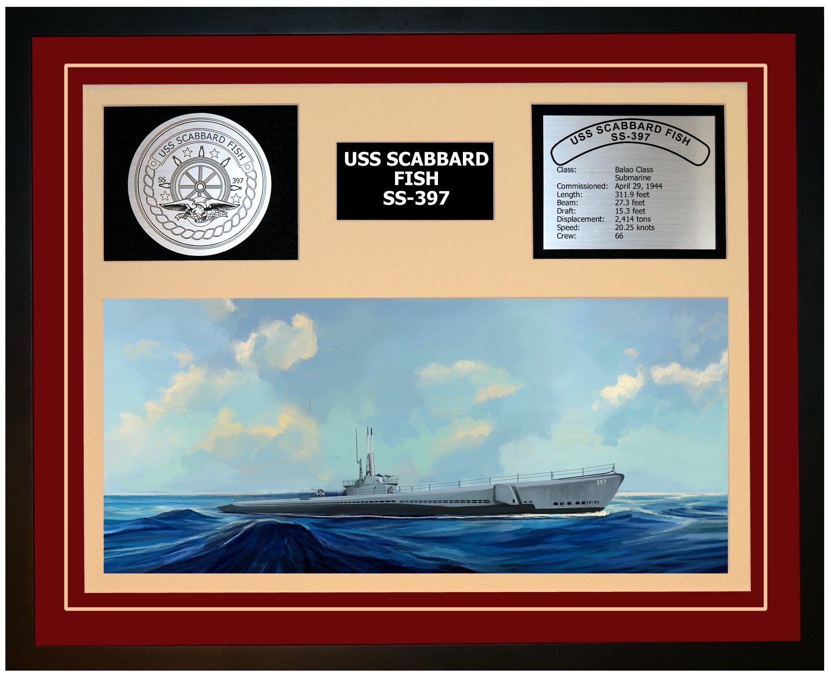 USS SCABBARD FISH SS-397 Framed Navy Ship Display Burgundy