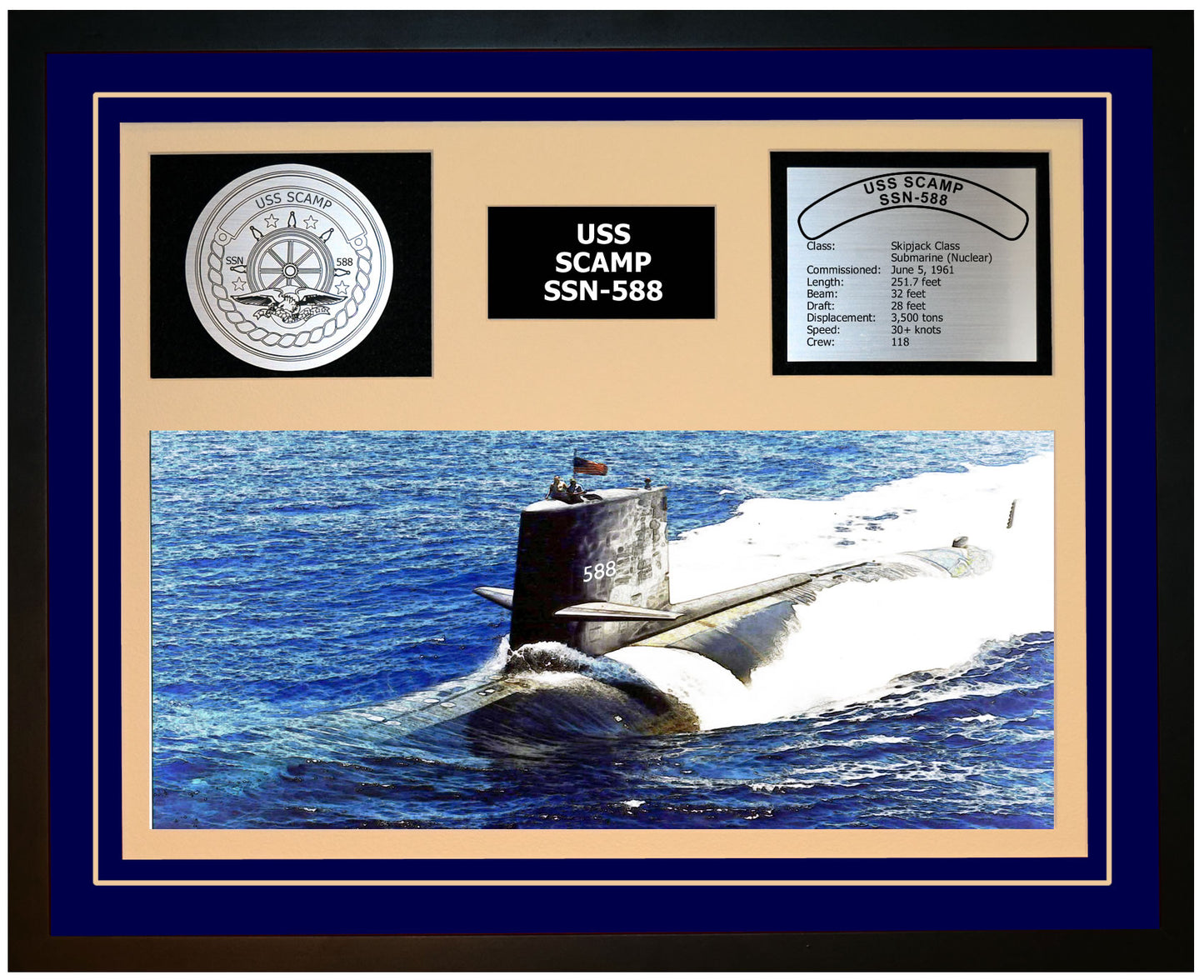 USS SCAMP SSN-588 Framed Navy Ship Display Blue