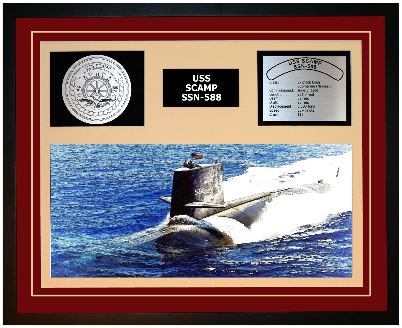 USS SCAMP SSN-588 Framed Navy Ship Display Burgundy