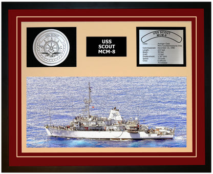 USS SCOUT MCM-8 Framed Navy Ship Display Burgundy