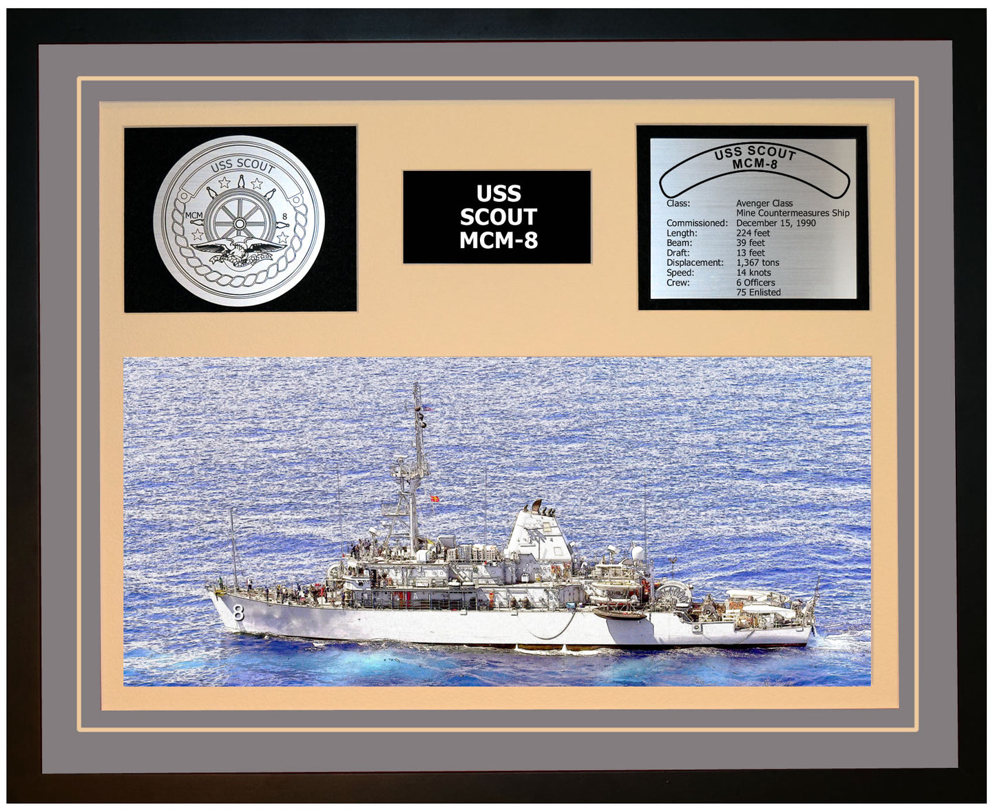 USS SCOUT MCM-8 Framed Navy Ship Display Grey