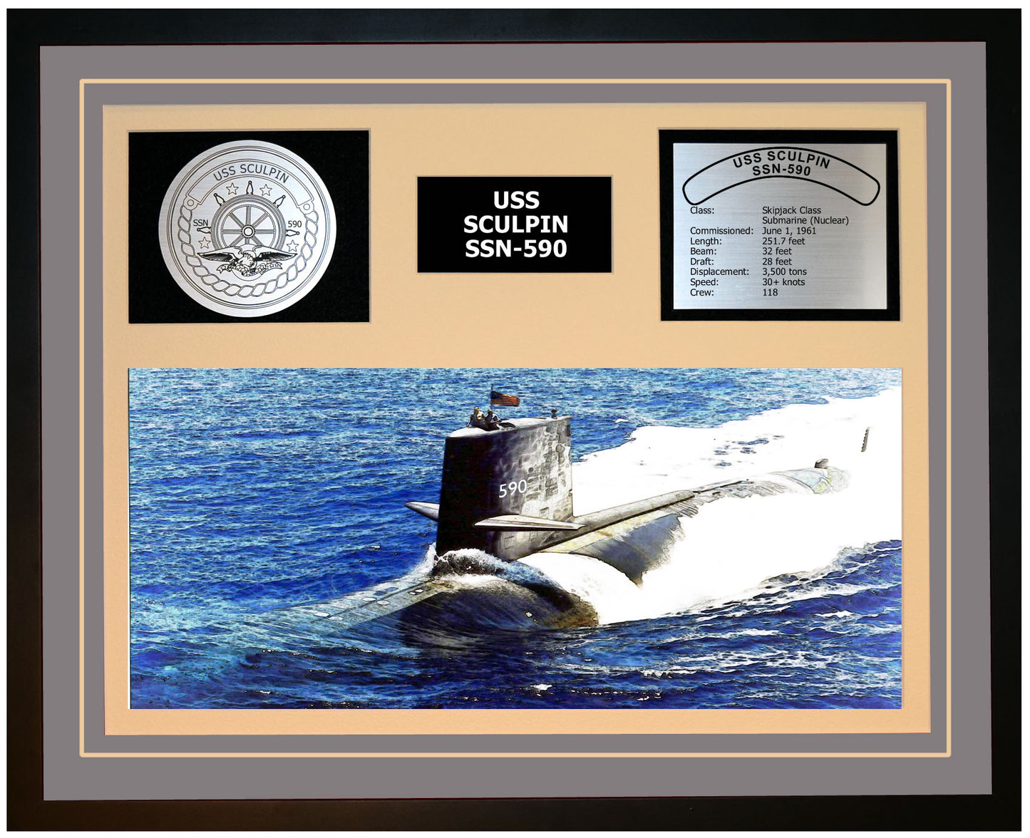 USS SCULPIN SSN-590 Framed Navy Ship Display Grey