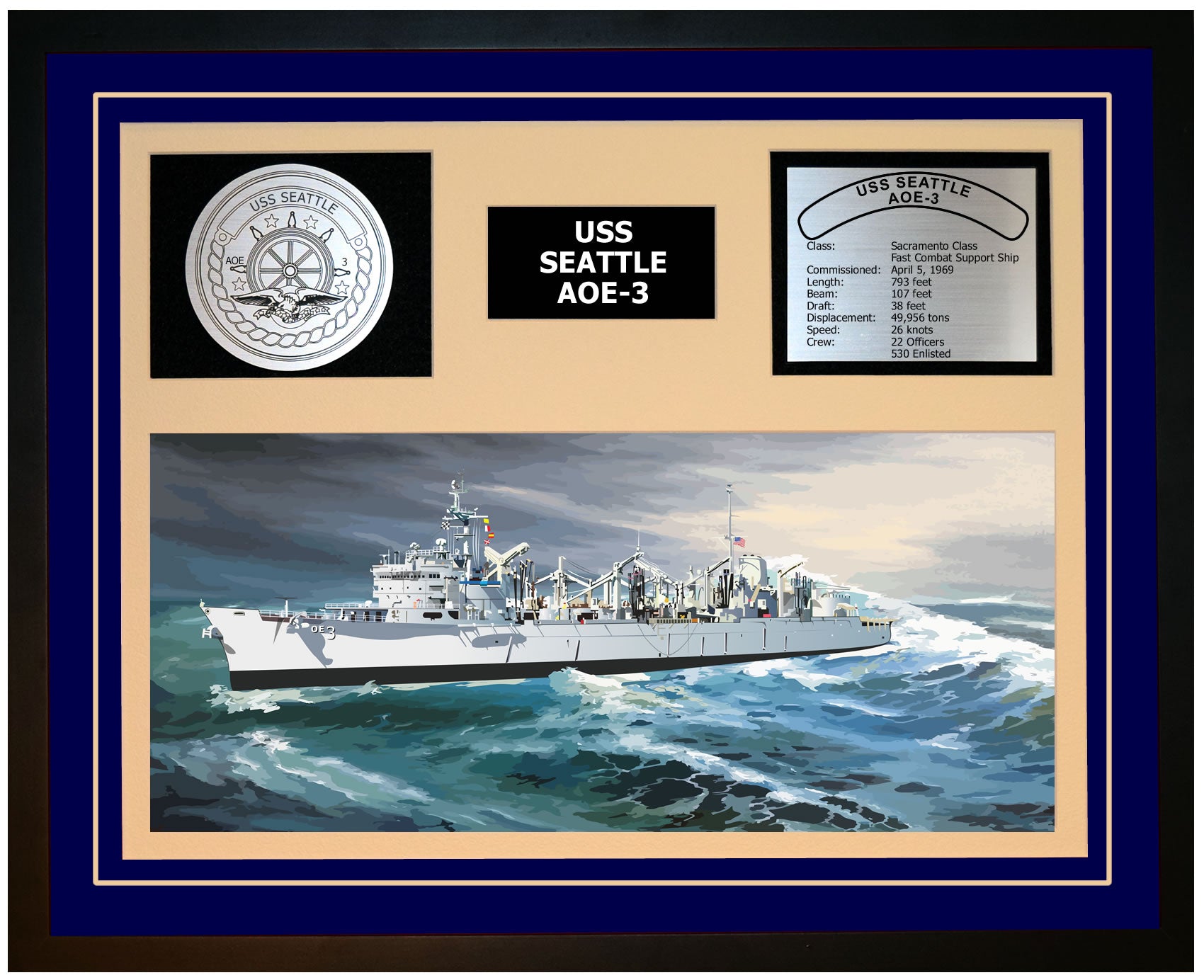 USS SEATTLE AOE-3 Framed Navy Ship Display Blue