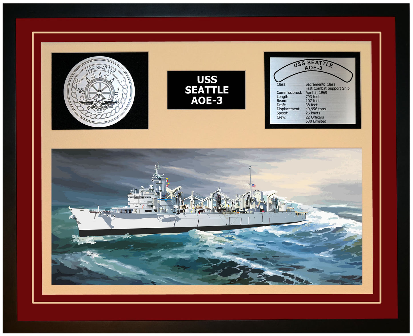 USS SEATTLE AOE-3 Framed Navy Ship Display Burgundy