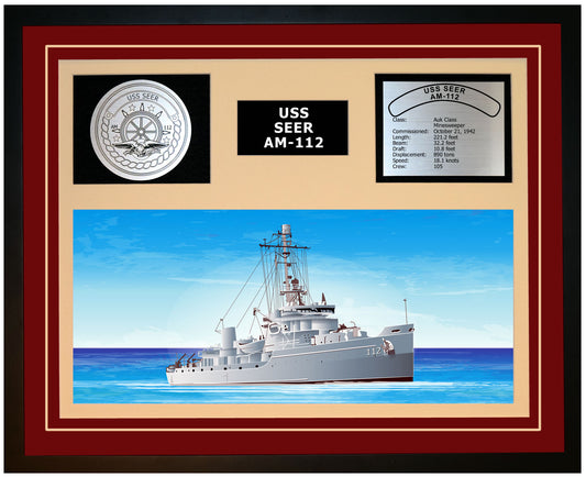USS SEER AM-112 Framed Navy Ship Display Burgundy