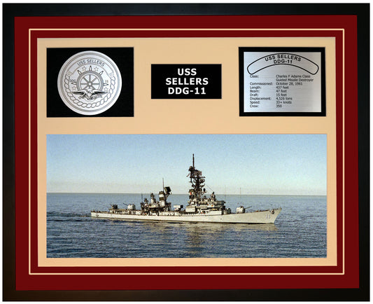 USS SELLERS DDG-11 Framed Navy Ship Display Burgundy