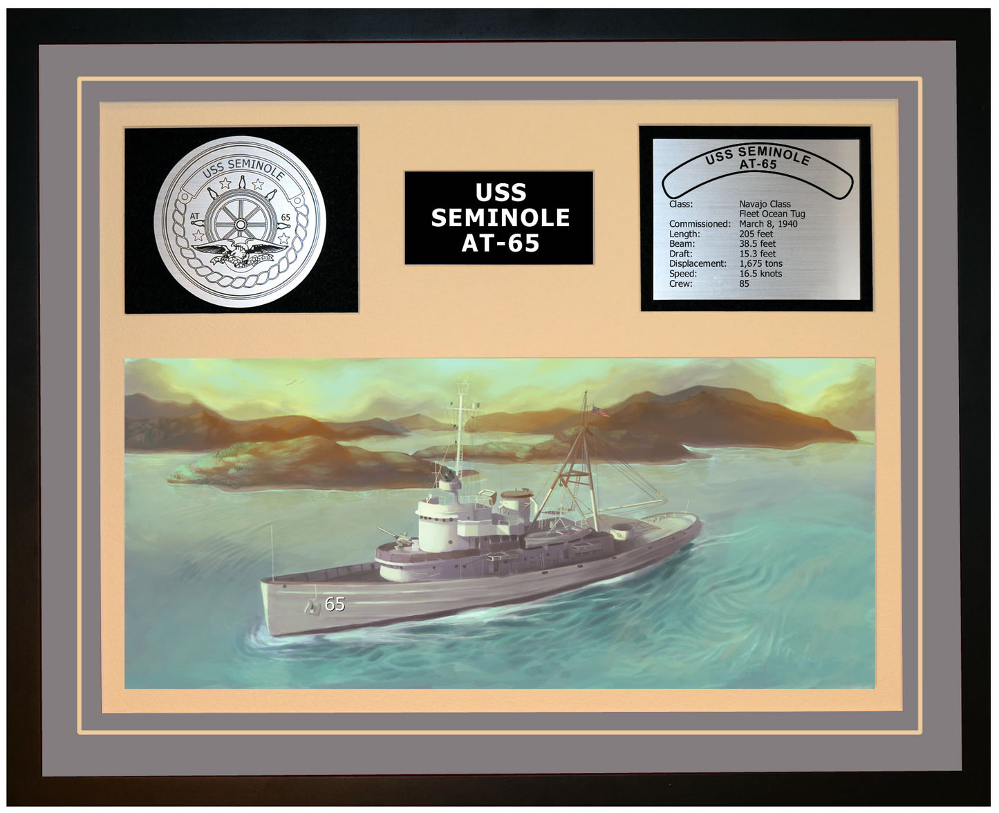 USS SEMINOLE AT-65 Framed Navy Ship Display Grey