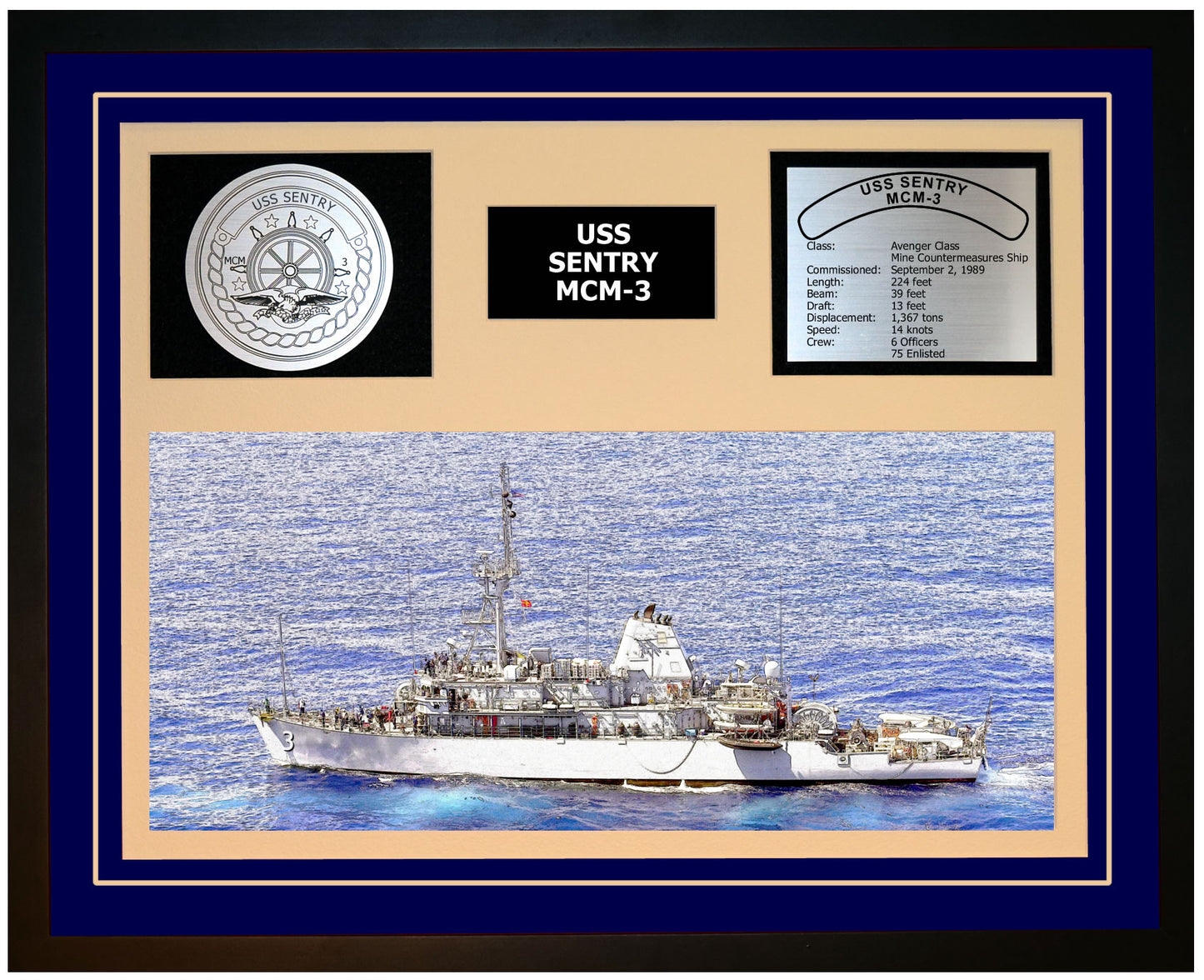 USS SENTRY MCM-3 Framed Navy Ship Display Blue