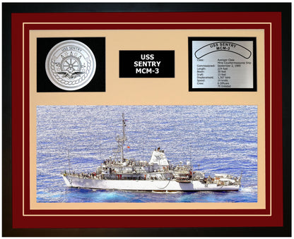 USS SENTRY MCM-3 Framed Navy Ship Display Burgundy